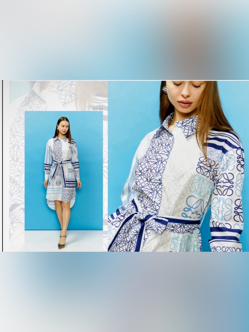 NWT Gracia Blue & White Printed Belted Midi Shirt Dress Shirt Dress White & Blue